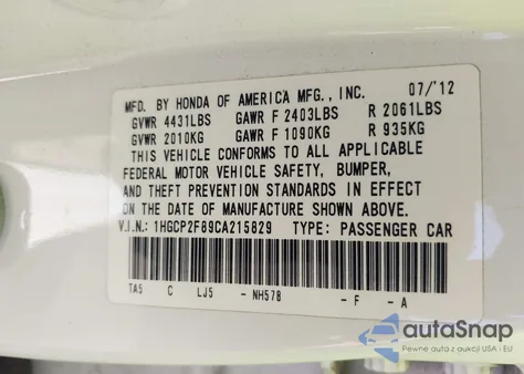 2012 Honda Accord 2.4 Ex-L из США, поврежденный, VIN 1HGCP2F89CA215829